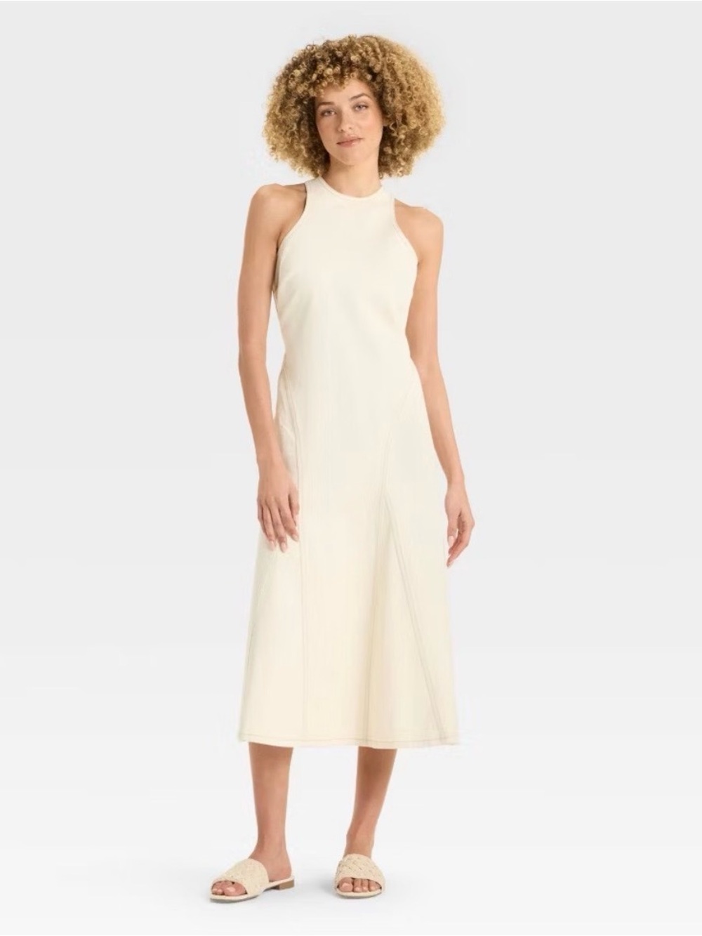 Future Collective Sleeveless Cream Denim Midi Dress with High Neck